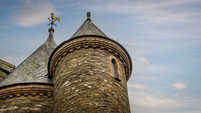 The top of the two turrets at Trelissick Water Tower, Cornwall
